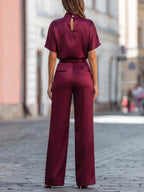 High-Neck Satin Top & Pleated Wide-Leg Trouser Set