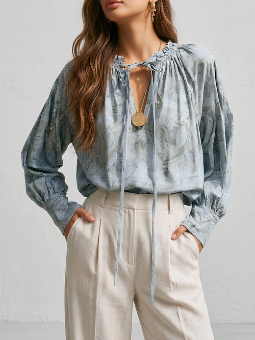 Boho Lace-Up V-Neck Balloon Sleeve Flowy Top