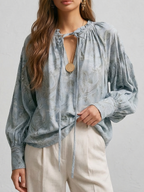 Boho Lace-Up V-Neck Balloon Sleeve Flowy Top