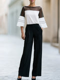 Contrast Mesh Sleeve Blouse And Wide Leg Pants Set