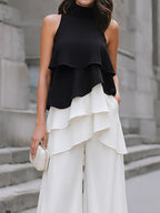 Layered Color-Block Chiffon Top and Wide-Leg Trousers Set