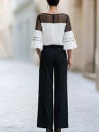Contrast Mesh Sleeve Blouse And Wide Leg Pants Set