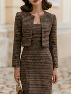 Houndstooth  Blazer & Square Neck Midi Pencil Dress Two-Piece Set