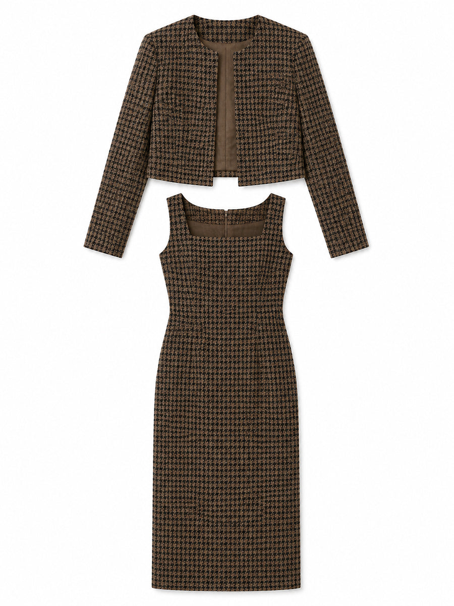 Houndstooth  Blazer & Square Neck Midi Pencil Dress Two-Piece Set
