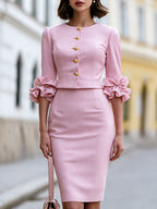 Elegant Ruffle Sleeve Blazer And Pencil Skirt Set