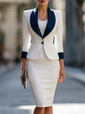Contrast Shawl-Collar Blazer And Pencil Skirt Set