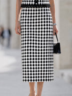 Checkered Pattern Lace-Trimmed Top & Midi Skirt Set