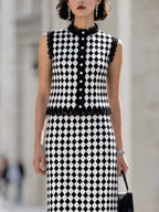 Checkered Pattern Lace-Trimmed Top & Midi Skirt Set