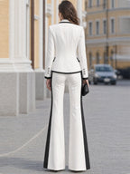 Black Piping Trim  White Blazer & Side Stripe Flared Trousers Two-Piece Suit
