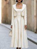 Elegant Pearl-Embellished Cropped Jacket And A-Line Dress Set