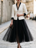 Contrast-Trim Blazer And Sheer Full Midi Skirt Set