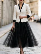 Contrast-Trim Blazer And Sheer Full Midi Skirt Set