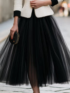 Contrast-Trim Blazer And Sheer Full Midi Skirt Set
