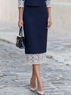 Stand Collar Button Front Lace Cuff Cropped Jacket & Lace Hem Midi Pencil Skirt
