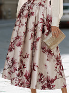 Collared Button-Front Blouse And Floral Full Midi Skirt Set