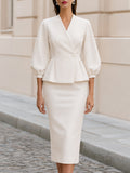 Office Formal V Neck Peplum Blazer & Midi Pencil Skirt Two-Piece  Suit Co-Ord Set