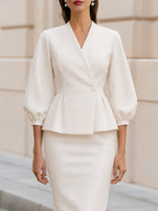 Office Formal V Neck Peplum Blazer & Midi Pencil Skirt Two-Piece  Suit Co-Ord Set