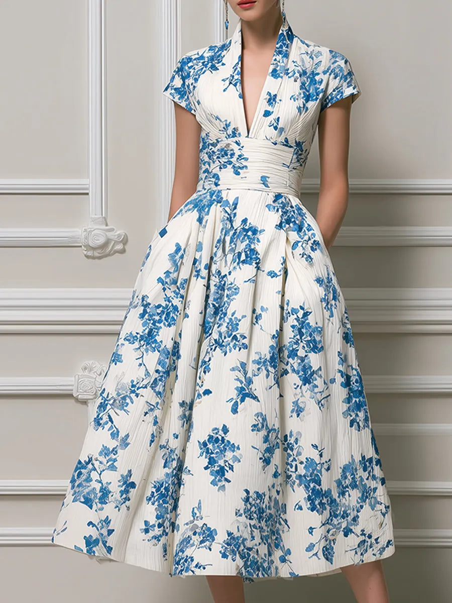 Vintage-Inspired Azure Floral Pleated Midi Dress