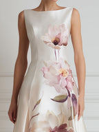 Floral Print Sleeveless Boat Neck A-Line Midi Dress