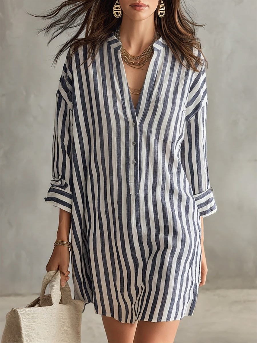 Cozy Henley Collar Striped Cotton-linen Mini Dress