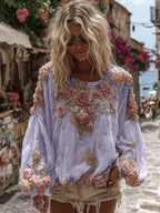 Women's Vintage Pink Rose Embroidery Casual Crew Neck Shirt