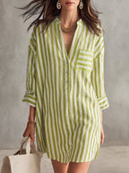 Cozy Henley Collar Striped Cotton-linen Mini Dress
