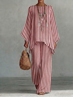 Loose-fit Casual Striped Linen And Cotton Top And Pants Two-piece Set