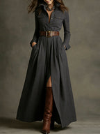Women's Retro Solid Color Long-sleeved Dress
