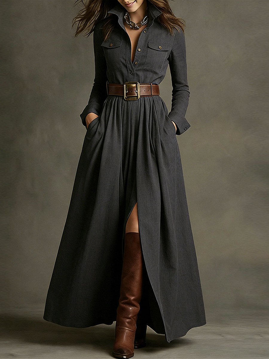 Women's Retro Solid Color Long-sleeved Dress