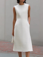 Tweed Sleeveless Frayed Edge Sheath Midi Dress