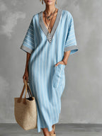 Women's Striped Printed V-neck 3/4 Sleeve Casual Loose Cotton Linen Dress