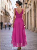V-Neck Chiffon High-Low Dress With Ruched Waist
