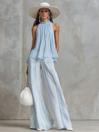 Vacation Light Blue Chiffon Sleeveless Top And Striped Wide-leg Pants Set