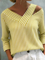 Stylish Off-shoulder Loose-fit Striped Cotton-linen Shirt