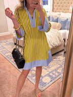 Women's Striped Print V-neck 3/4-sleeve Casual Loose Cotton-linen Dress