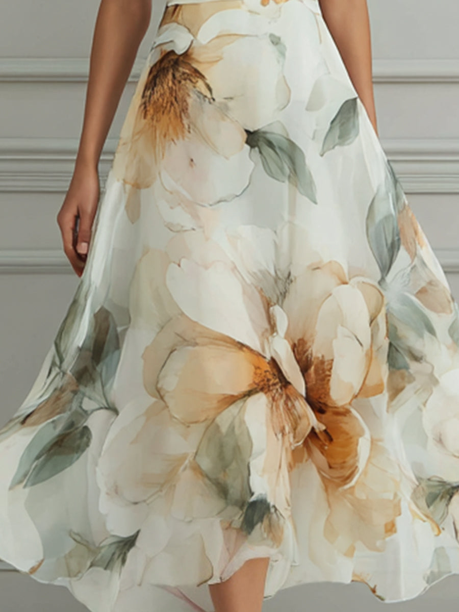 Halter Neck Floral Flowing Midi Dress