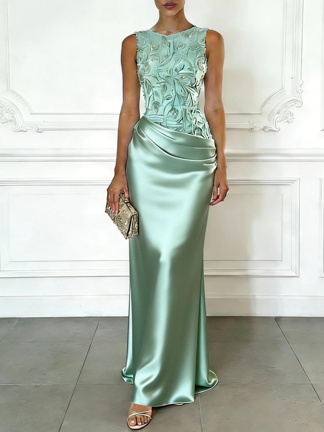 Light Pink Embroidery Satin Crew Neck Sleeveless Sheath Gown Dress