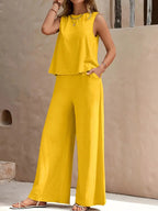 Women's Casual Crew Neck Top And Wide-leg Pants Set