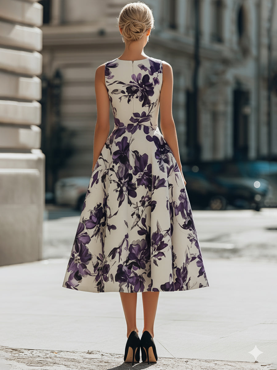 Sleeveless Floral Print A-Line Midi Dress