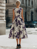 Sleeveless Floral Print A-Line Midi Dress
