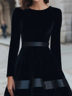Black Velvet Fit-and-Flare Dress With Satin Stripes
