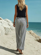 Women's Casual Vacation Cotton Sleeveless Vest And Vertical Striped Wide-leg Pants Set
