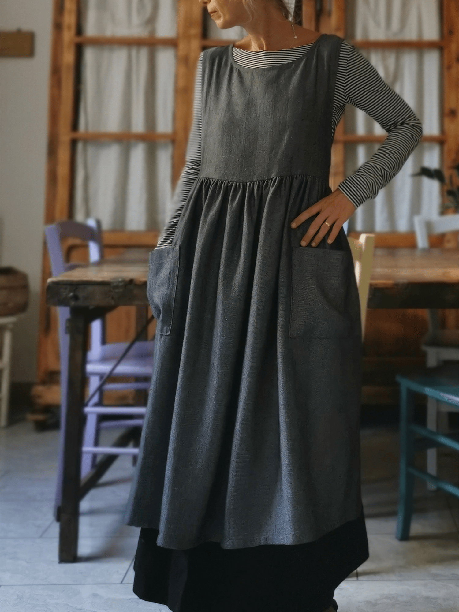 Grey Herringbone Linen Apron with Pockets