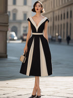 Contrast Panel V-Neck A-Line Midi Dress