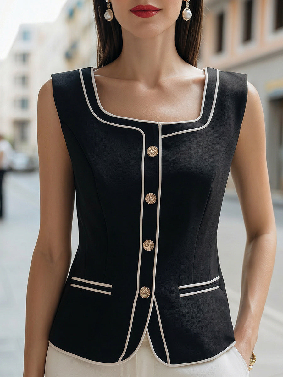 Elegant Square Neck Contrast Piping Gold Button Sleeveless Blouse