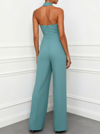 Women Cyan Halter Sleeveless Dressy Jumpsuit