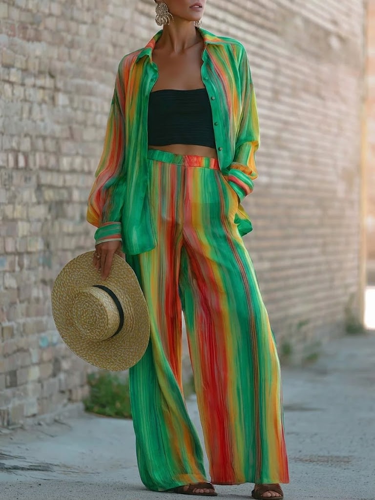 Stylish Artistic Striped Colorful Linen And Cotton Shirt And Pants Two-piece Set