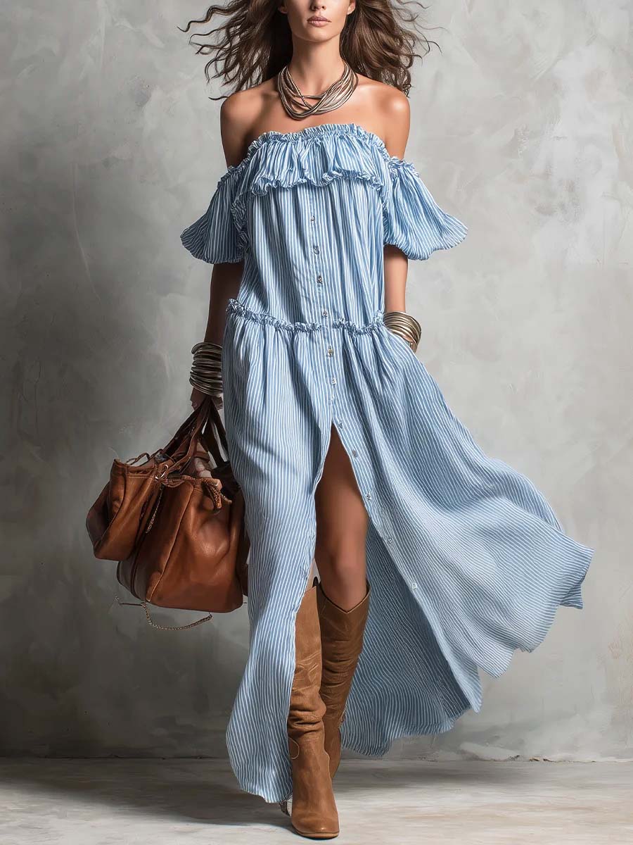 Women's Striped Art Print Casual Stylish Ruffled Vacation Maxi Dress