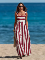 Casual Vacation Striped Sleeveless Linen And Cotton Dress