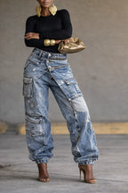 Women's Two-Piece Workwear Zipper Casual Jeans